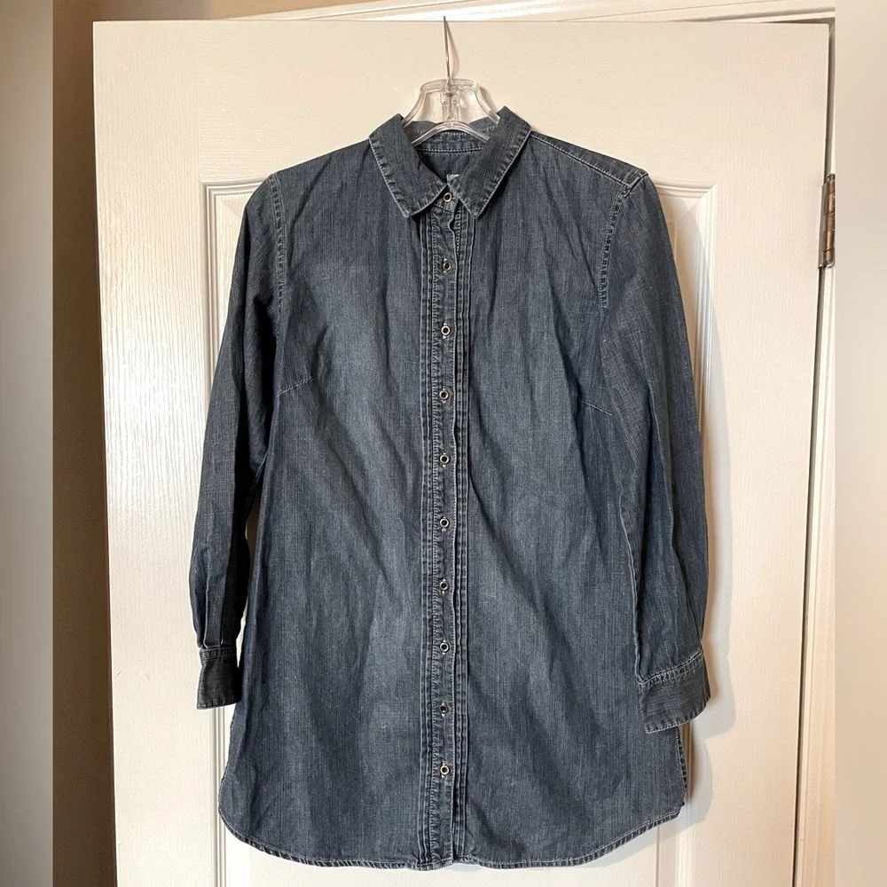 CHICO’S Women’s Size 1 (8-10) Blue Button Front Long Sleeve Denim Shirt Dress